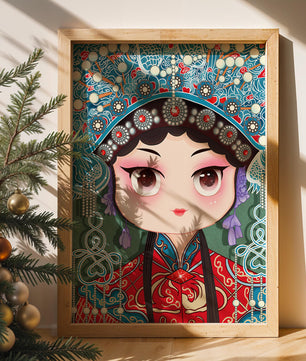 Cute Cartoon Character in Traditional Chinese Clothing with Intricate Headpiece