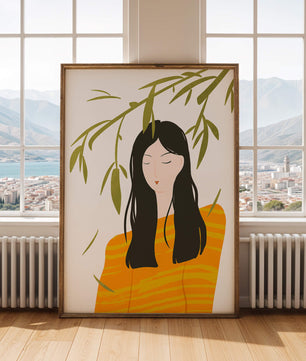 Illustration d'une femme en pull orange avec un fond de feuillage