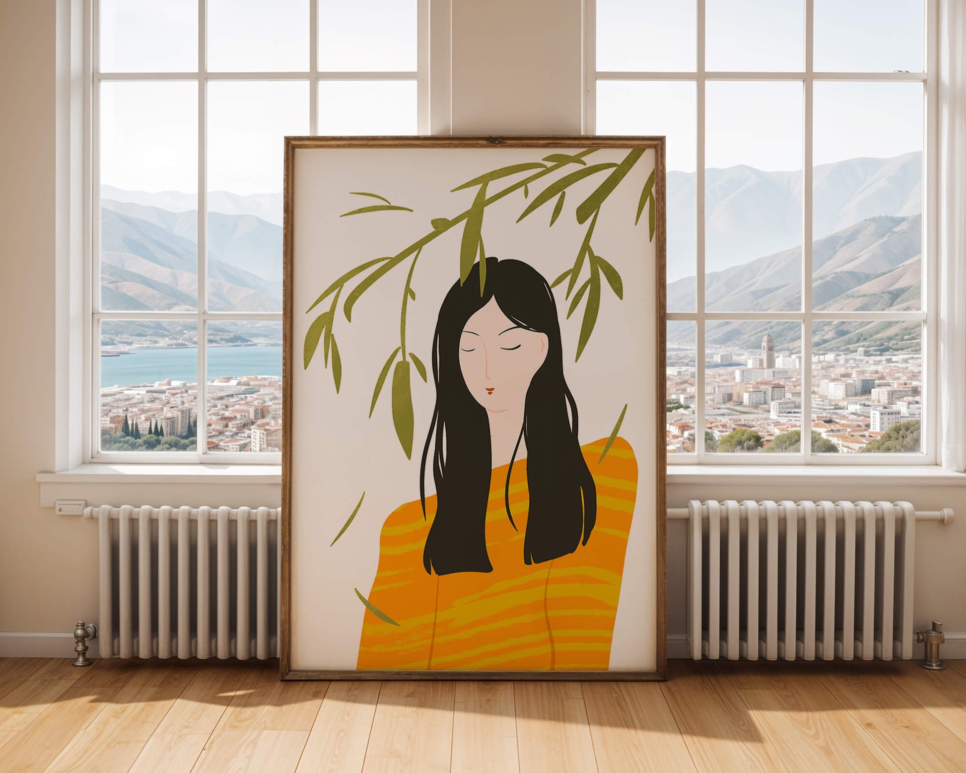 Woman in orange sweater with foliage backdrop illustration