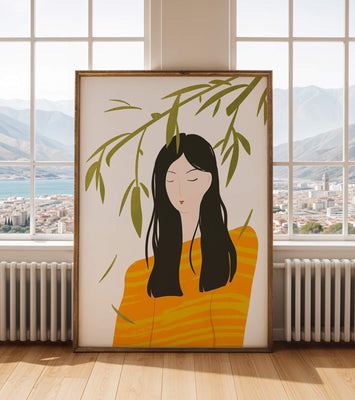 Woman in orange sweater with foliage backdrop illustration