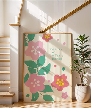 Florale Illustration mit Kirschblüten und grünen Blättern