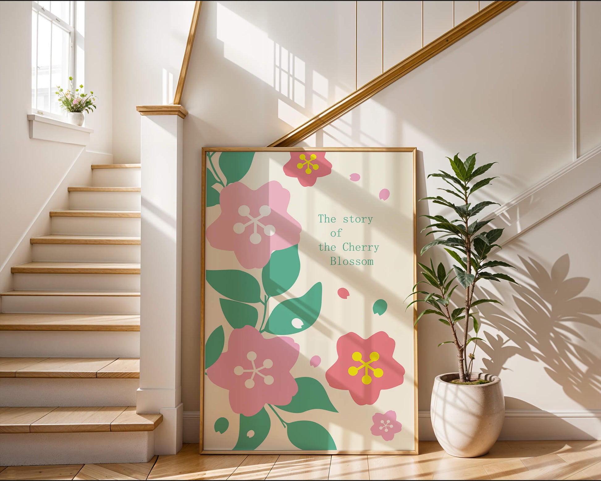 Floral illustration with cherry blossoms and green leaves