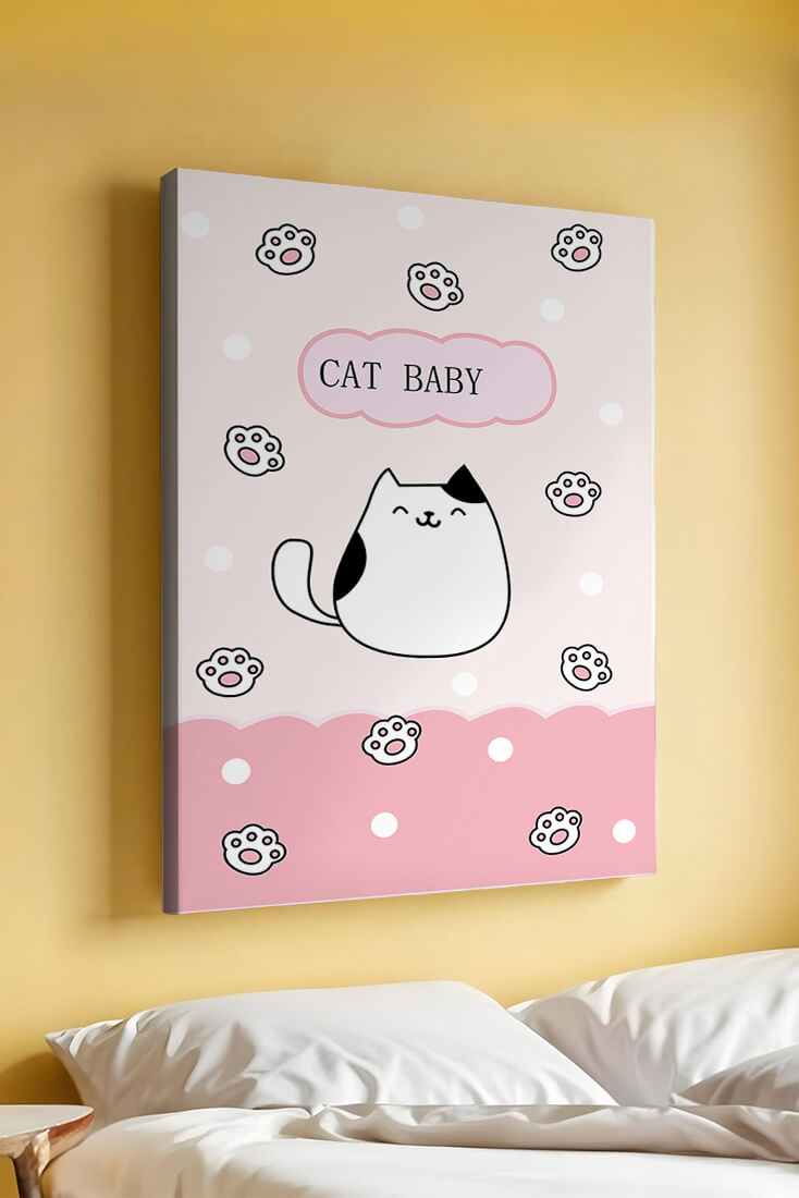Adorable cat baby illustration with cute paw prints and polka dots