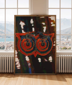 Abstract artwork featuring colorful geometric owl design