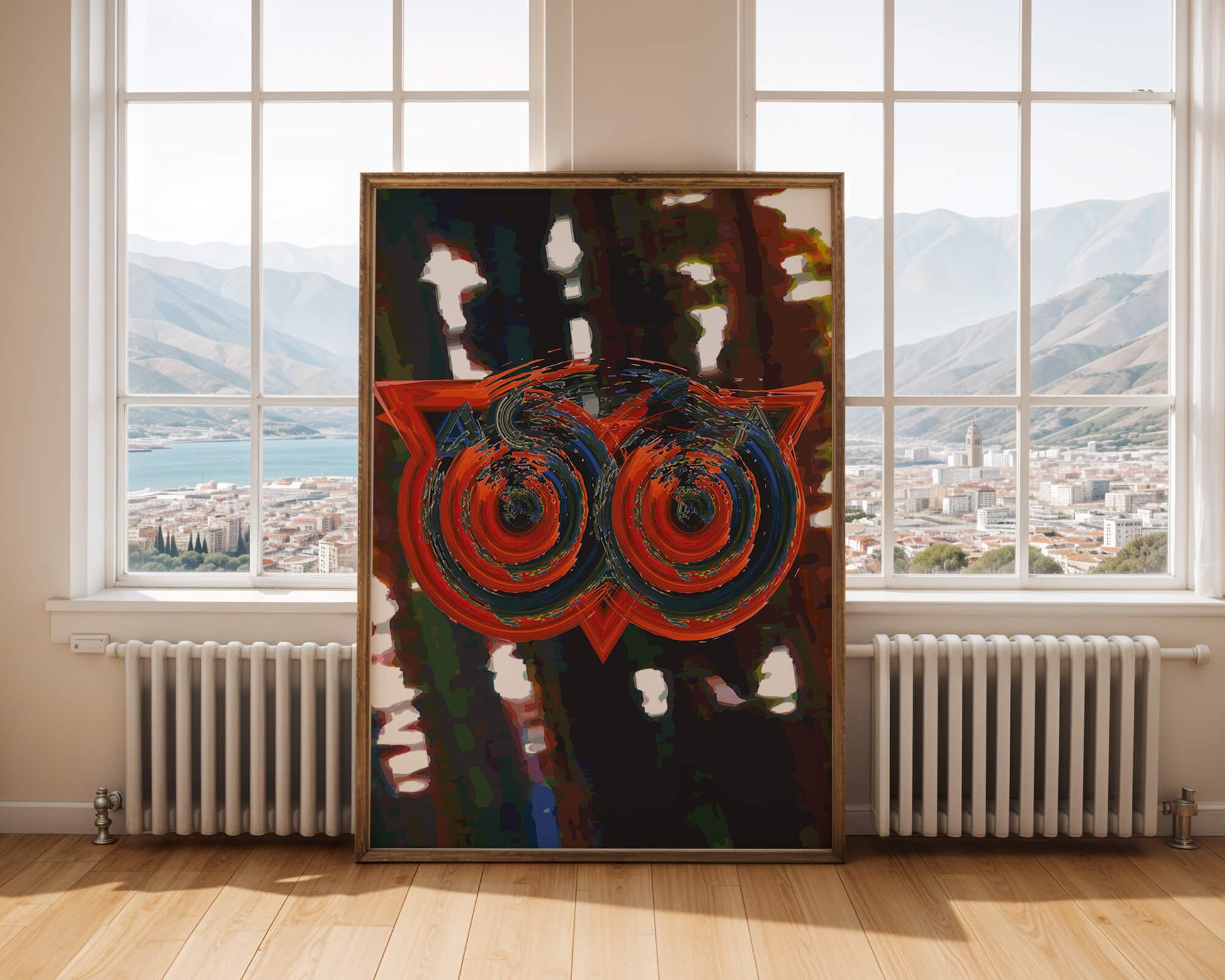 Abstract artwork featuring colorful geometric owl design