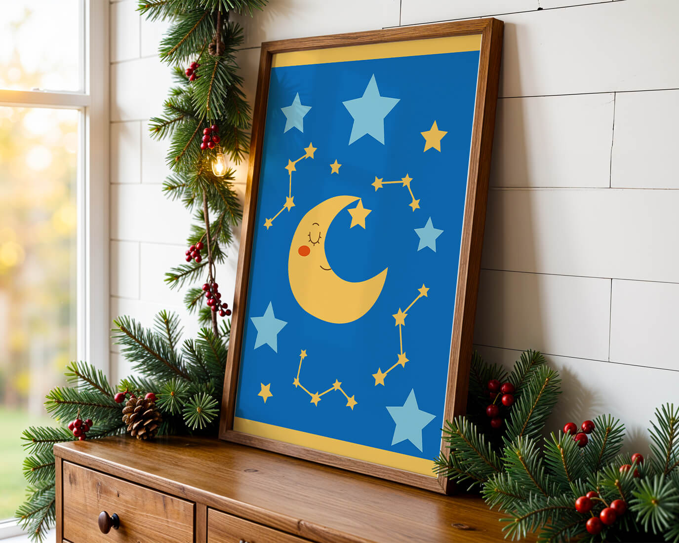 Whimsical children's room decor with smiling moon and stars