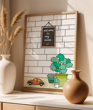 Kreidetafel-Schild mit Topfpflanzen und Spielzeugauto auf Ziegelmauer-Hintergrund