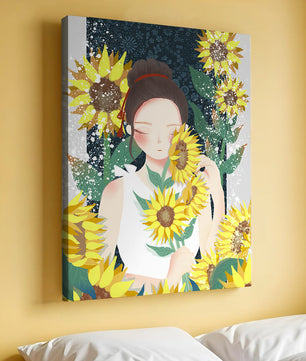 Young woman surrounded by vibrant sunflowers in a serene setting