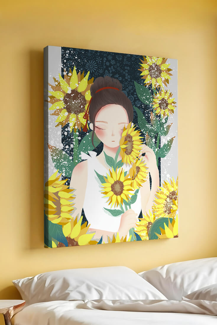Young woman surrounded by vibrant sunflowers in a serene setting