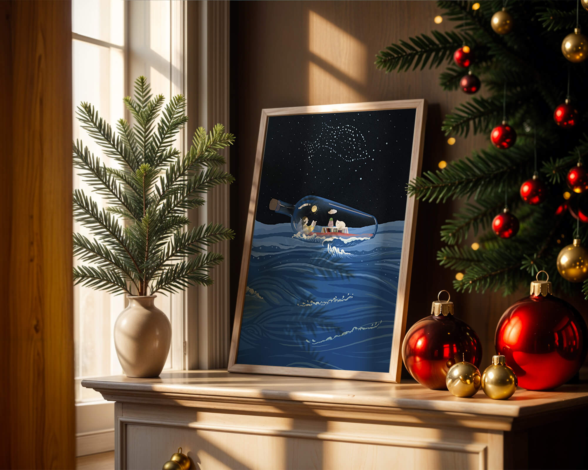 Surreal illustration of a bottle on the ocean with a starry night sky