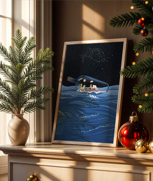 Surreal illustration of a bottle on the ocean with a starry night sky