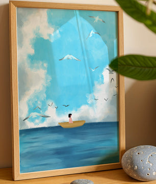 Peaceful seascape illustration with a boat and birds