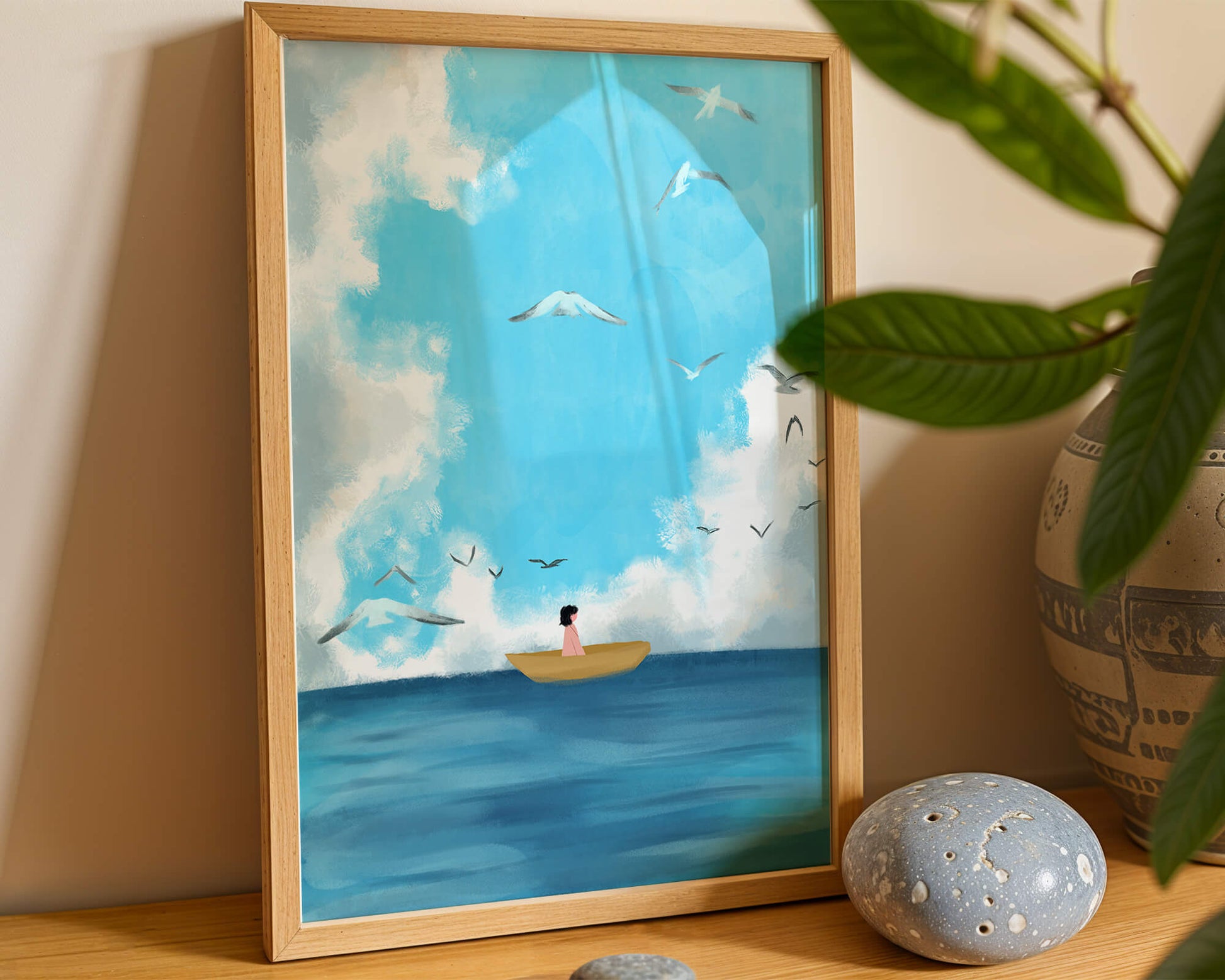 Peaceful seascape illustration with a boat and birds