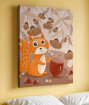 Orange Squirrel with Acorn in Autumn Forest