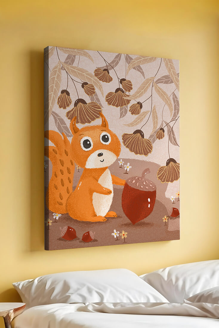 Orange Squirrel with Acorn in Autumn Forest