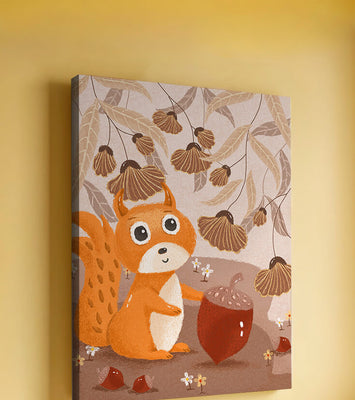 Orange Squirrel with Acorn in Autumn Forest