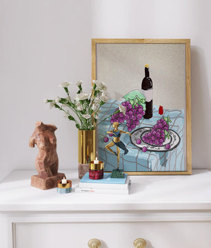 Still Life with Grapes and Wine Bottle on a Checkered Tablecloth - Mi tienda