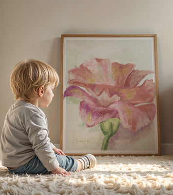 Vibrant pink flower with golden accents in abstract style