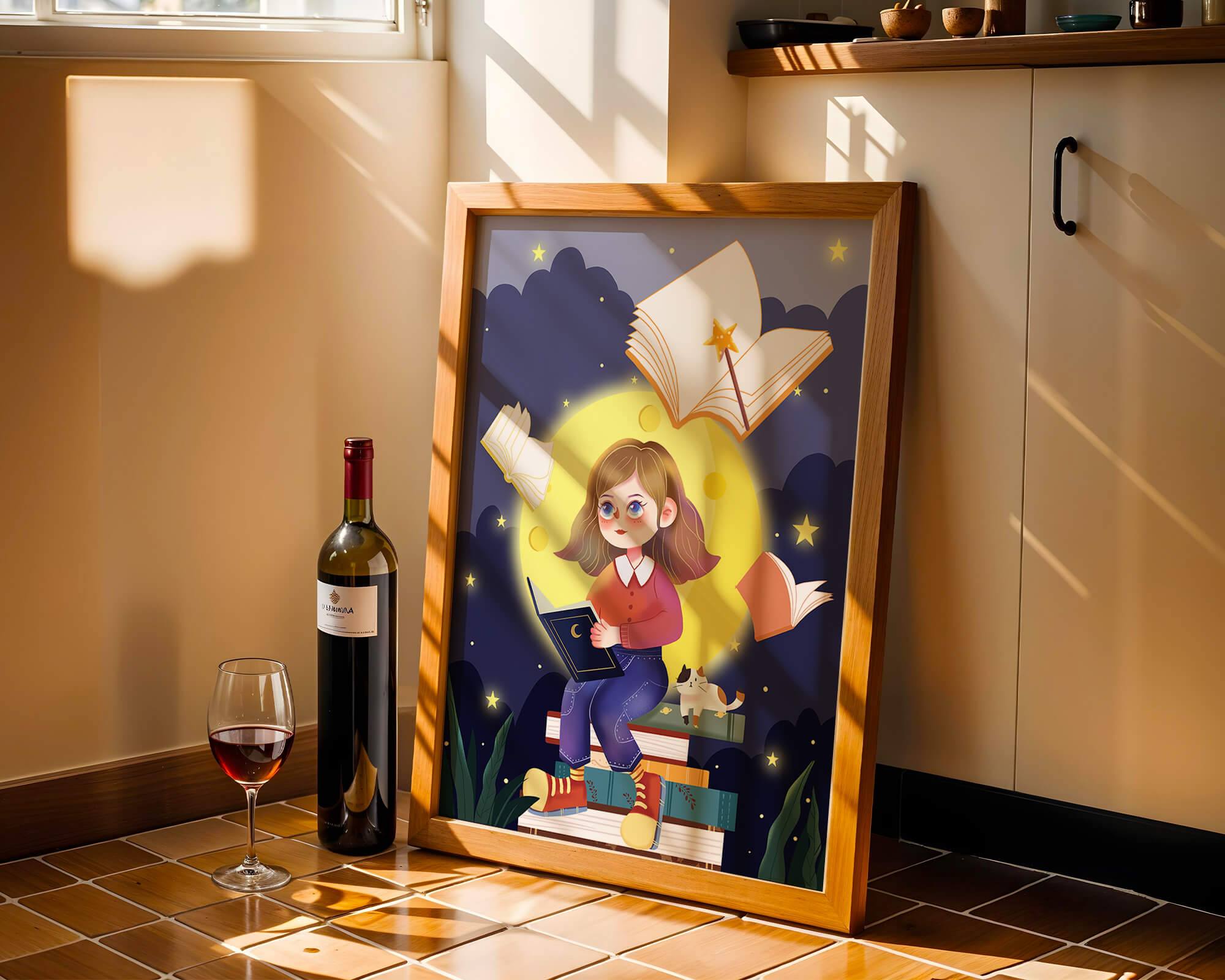 Illustration of a girl reading books under a starry night sky