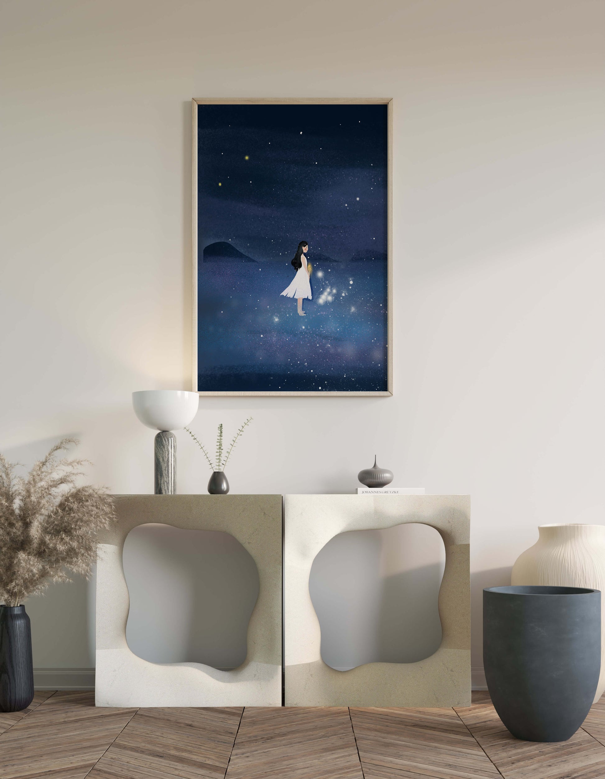Girl in White Dress Gazing at Starry Night Sky
