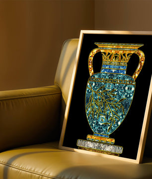 Jarrón de mosaico detallado con piedras preciosas doradas y azules sobre fondo negro