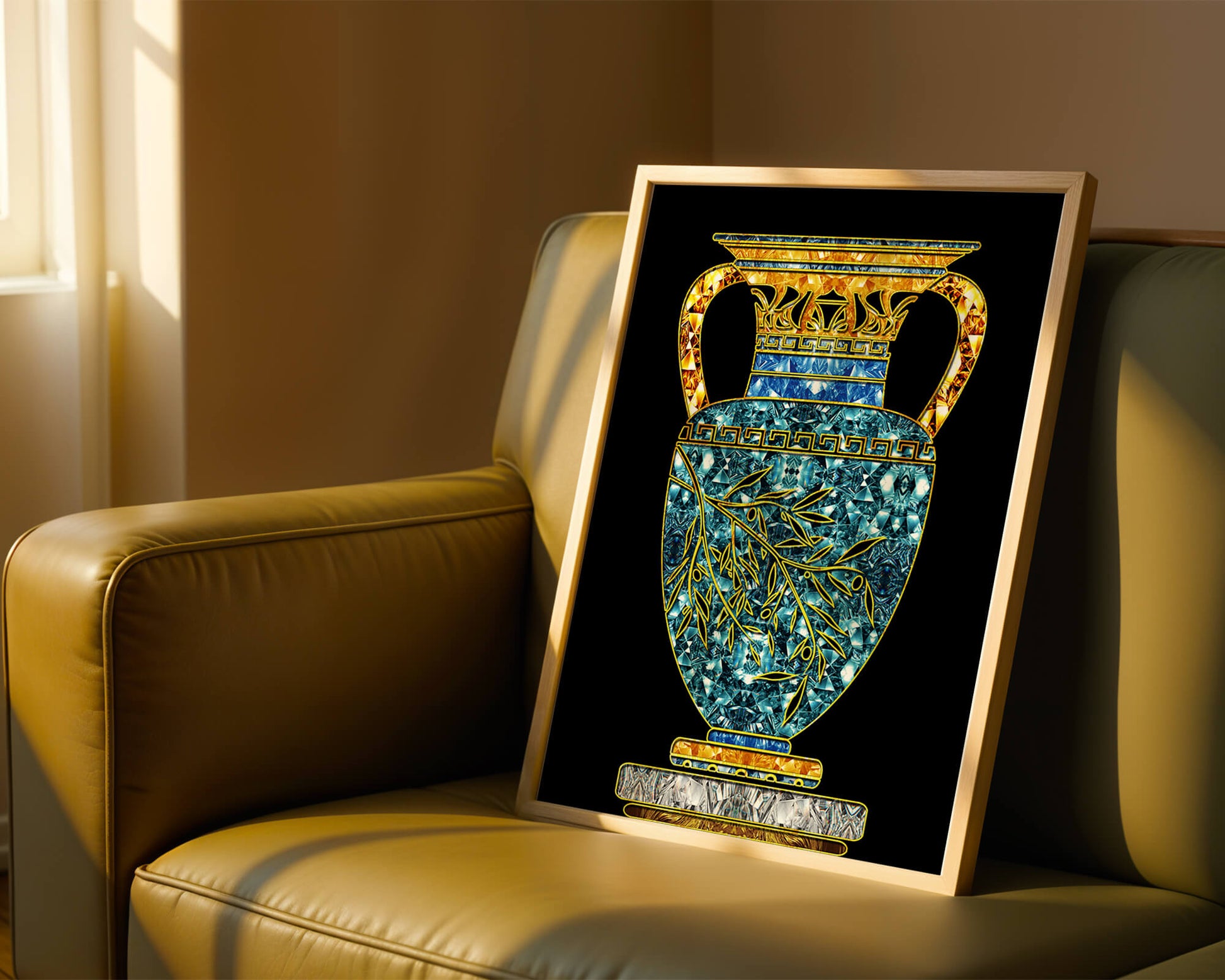 Jarrón de mosaico detallado con piedras preciosas doradas y azules sobre fondo negro