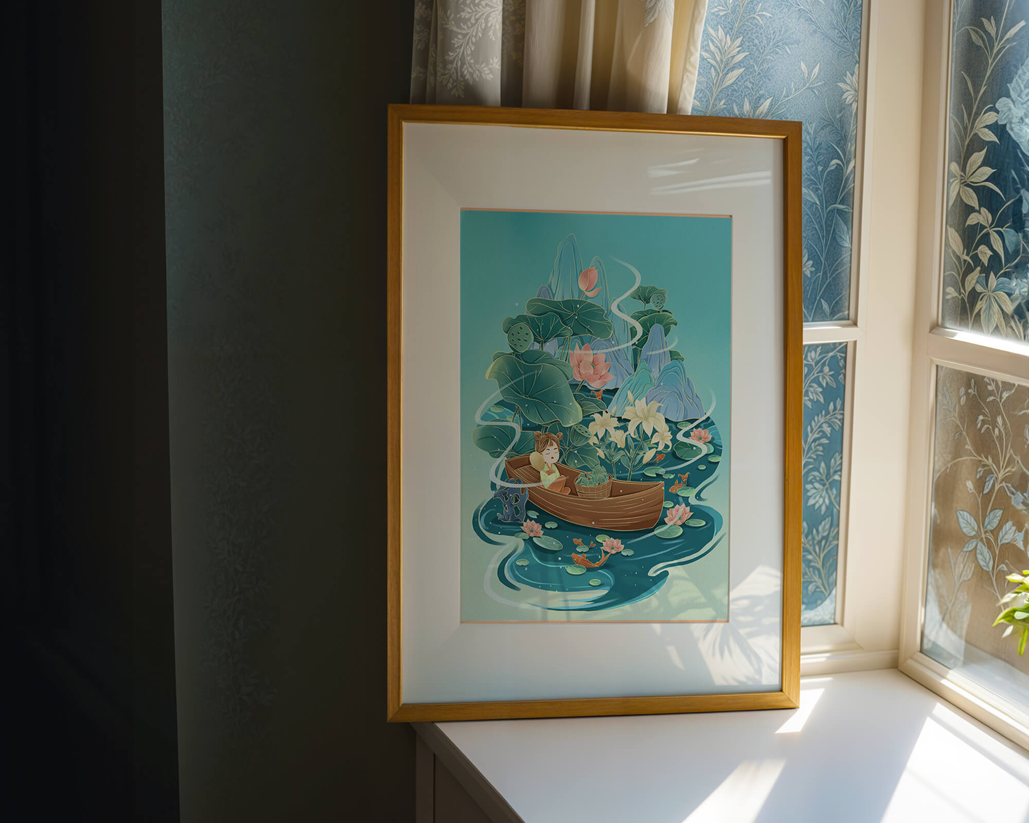 Serene landscape with lotus and boat in a tranquil water scene