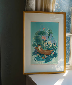 Heitere Landschaft mit Lotus und Boot in einer ruhigen Wasserszene