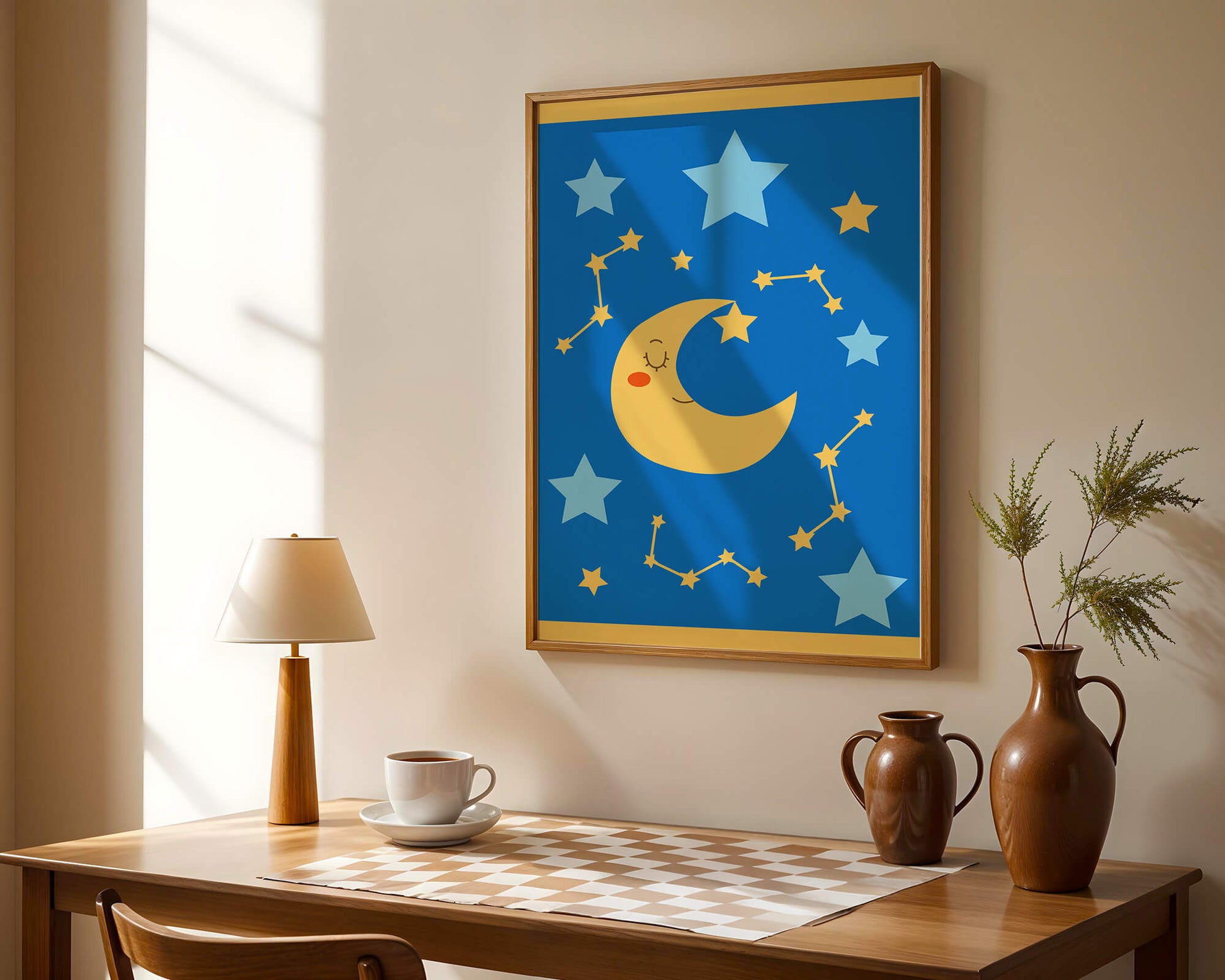 Whimsical children's room decor with smiling moon and stars