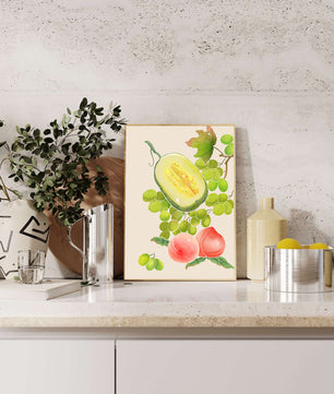 Ilustración de frutas vibrantes que incluye uvas, melón y duraznos
