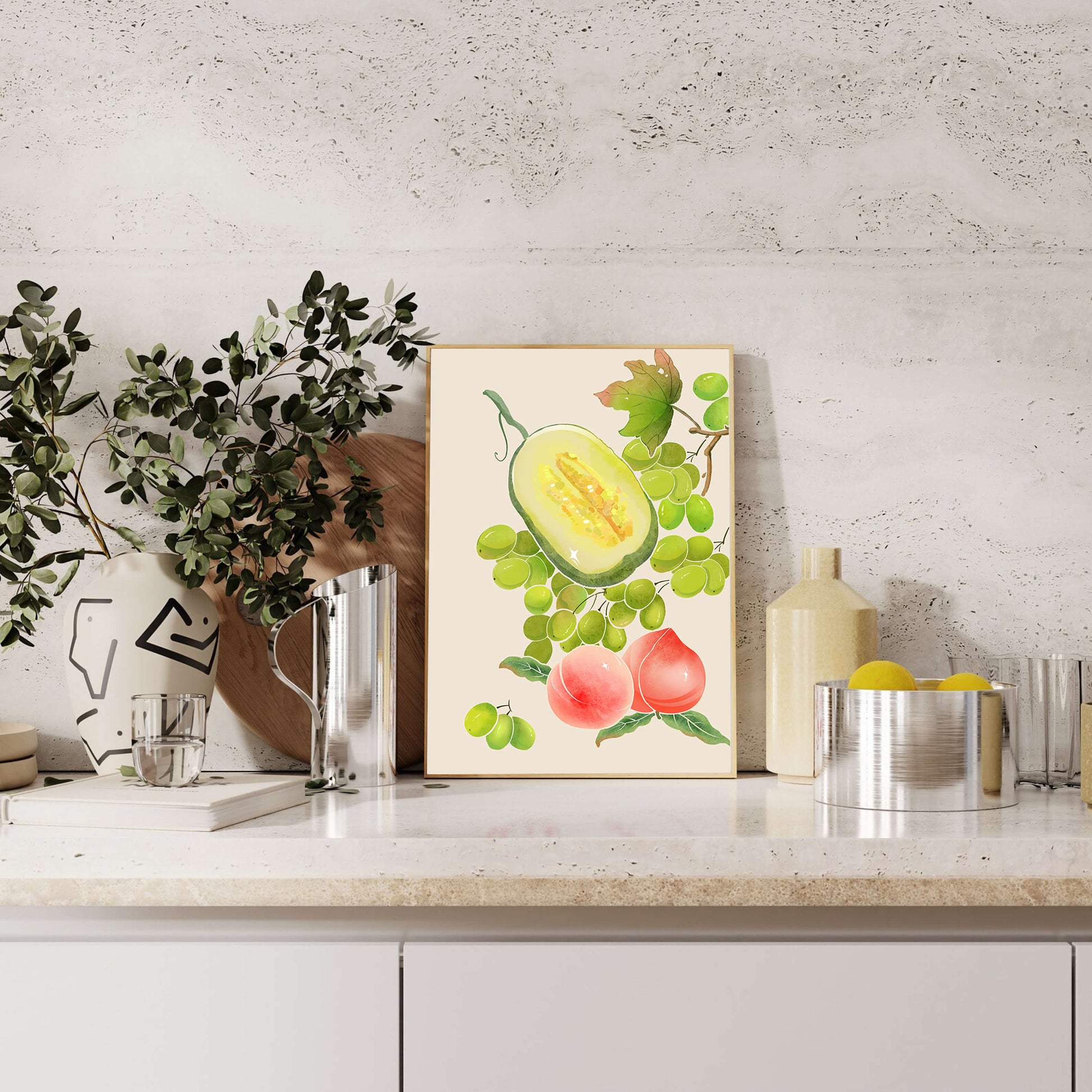 Ilustración de frutas vibrantes que incluye uvas, melón y duraznos