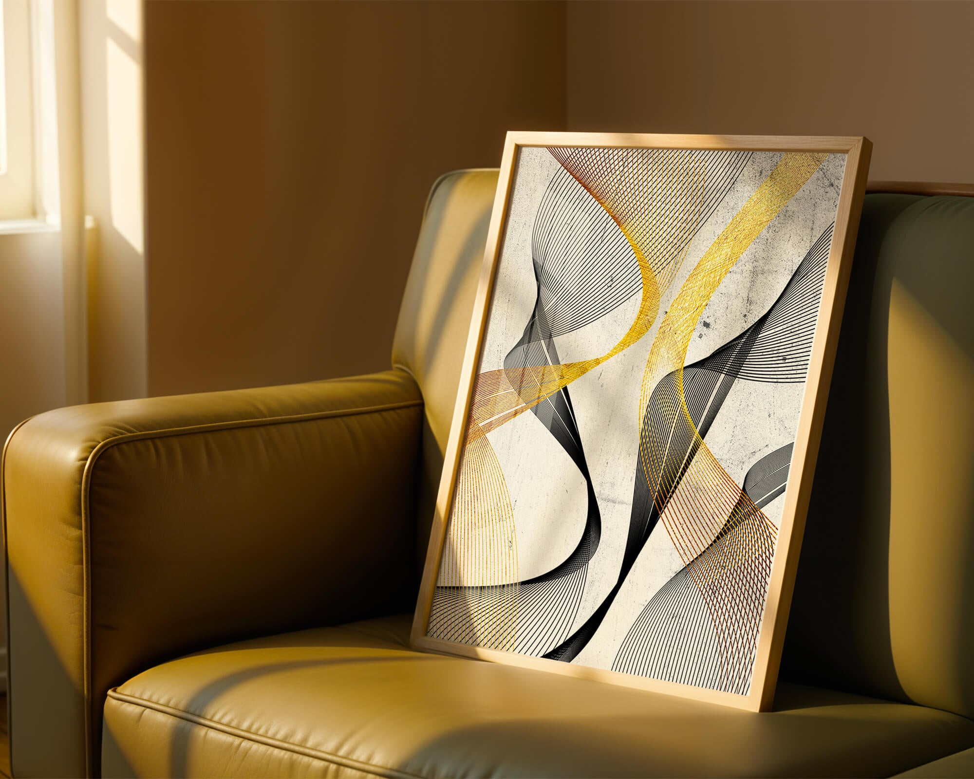 Abstract dynamic lines with golden and black swirls on textured background