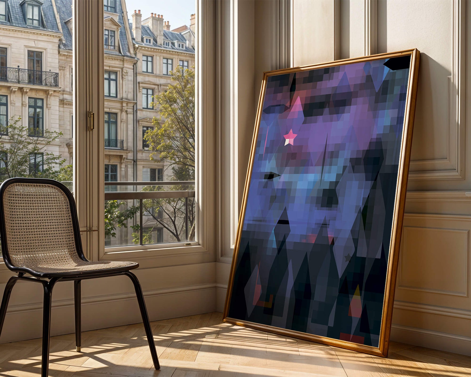 Geometrische abstrakte Kunst in lebhaften Blau- und Lilatönen