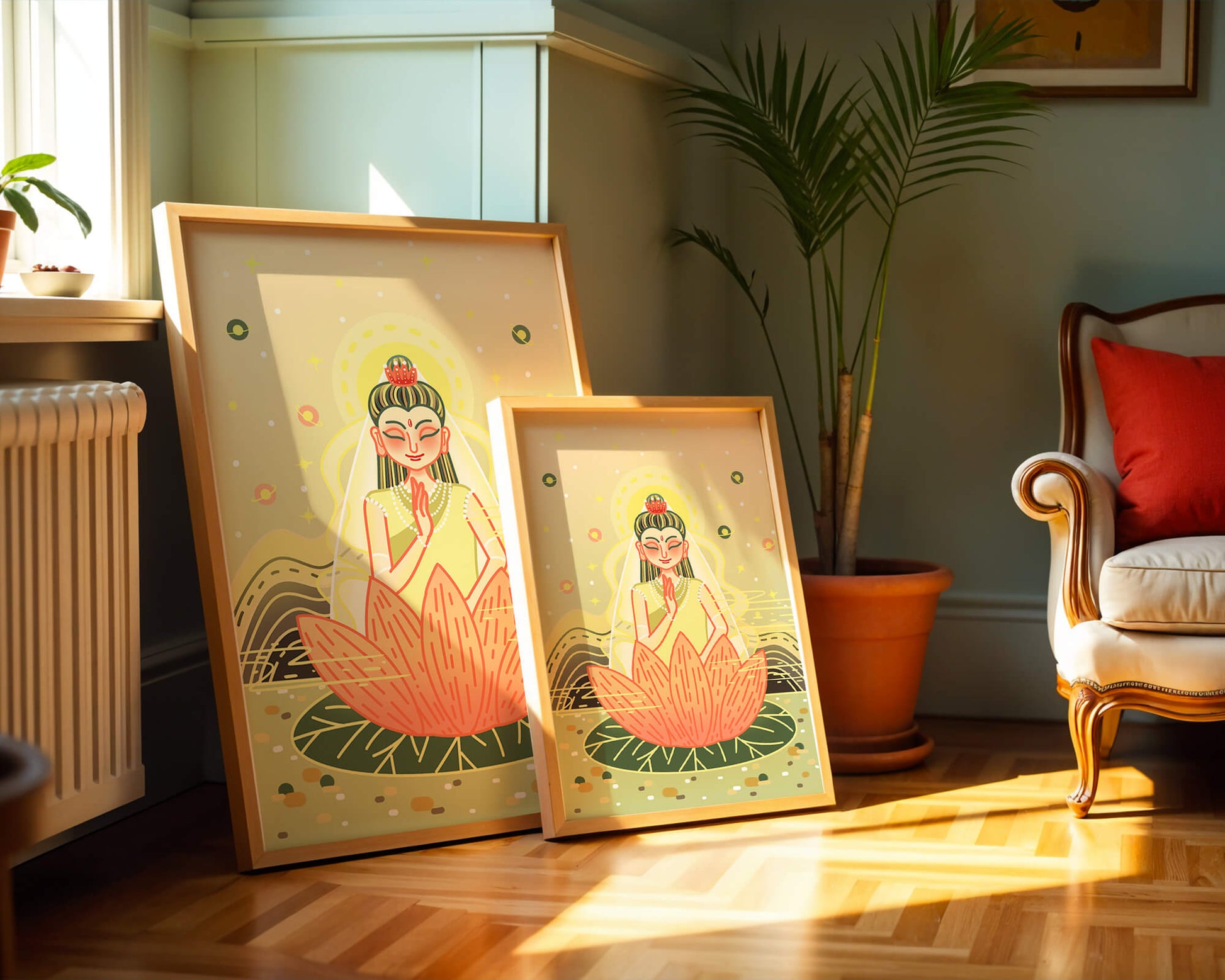 Serene illustration of meditative figure on a lotus with celestial background
