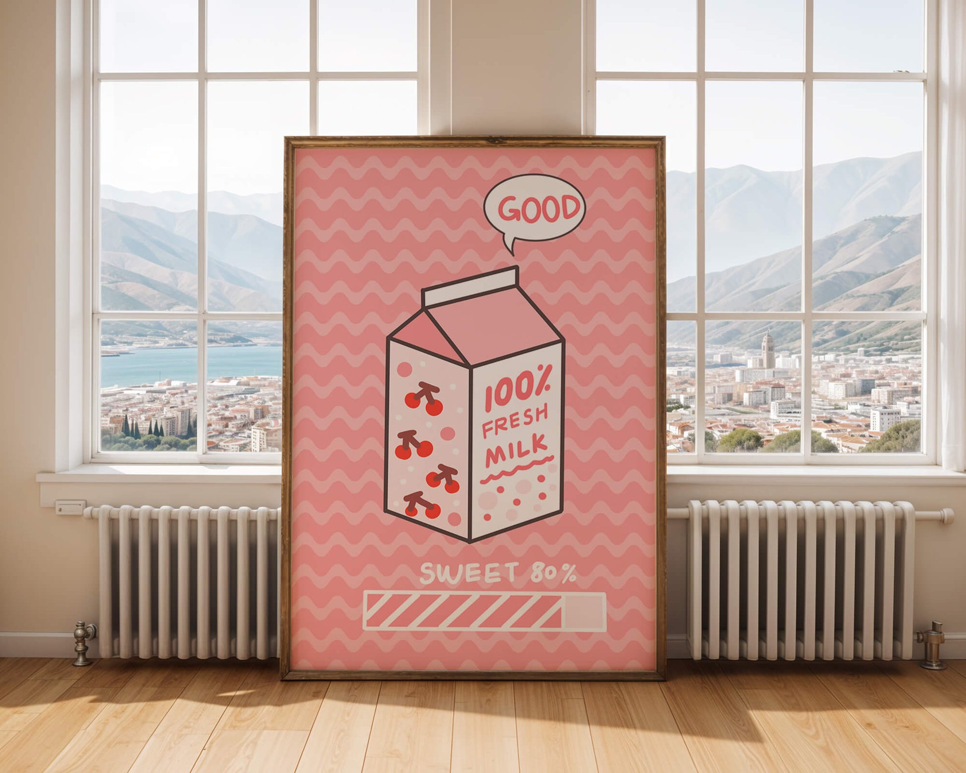 Playful illustration of milk carton with cherry design on pink background