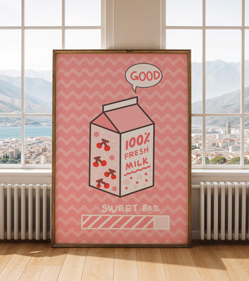 Playful illustration of milk carton with cherry design on pink background