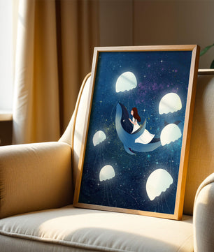 Dreamlike scene of a girl riding a whale among jellyfish in space