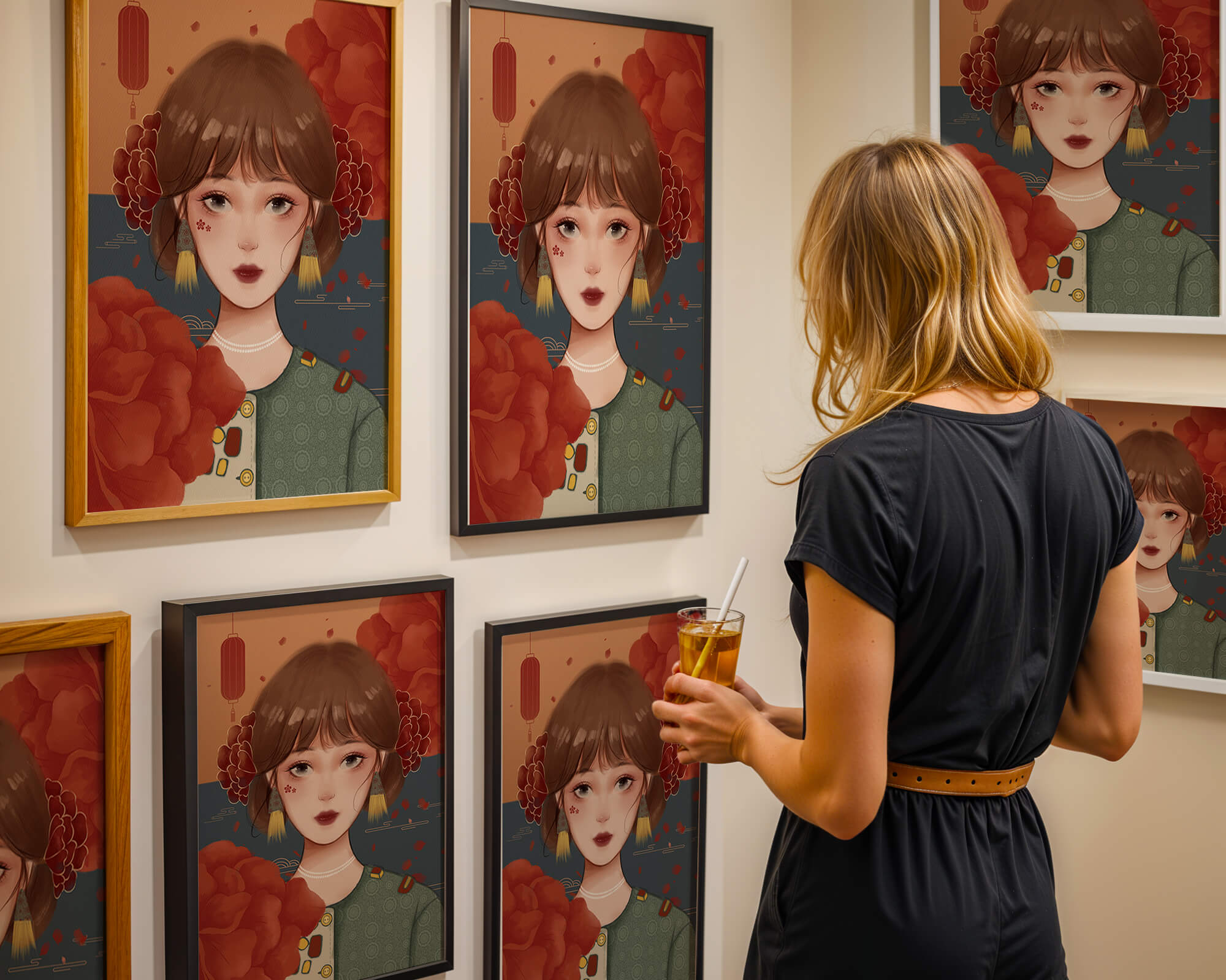 Illustration of a woman adorned with floral elements and traditional accessories