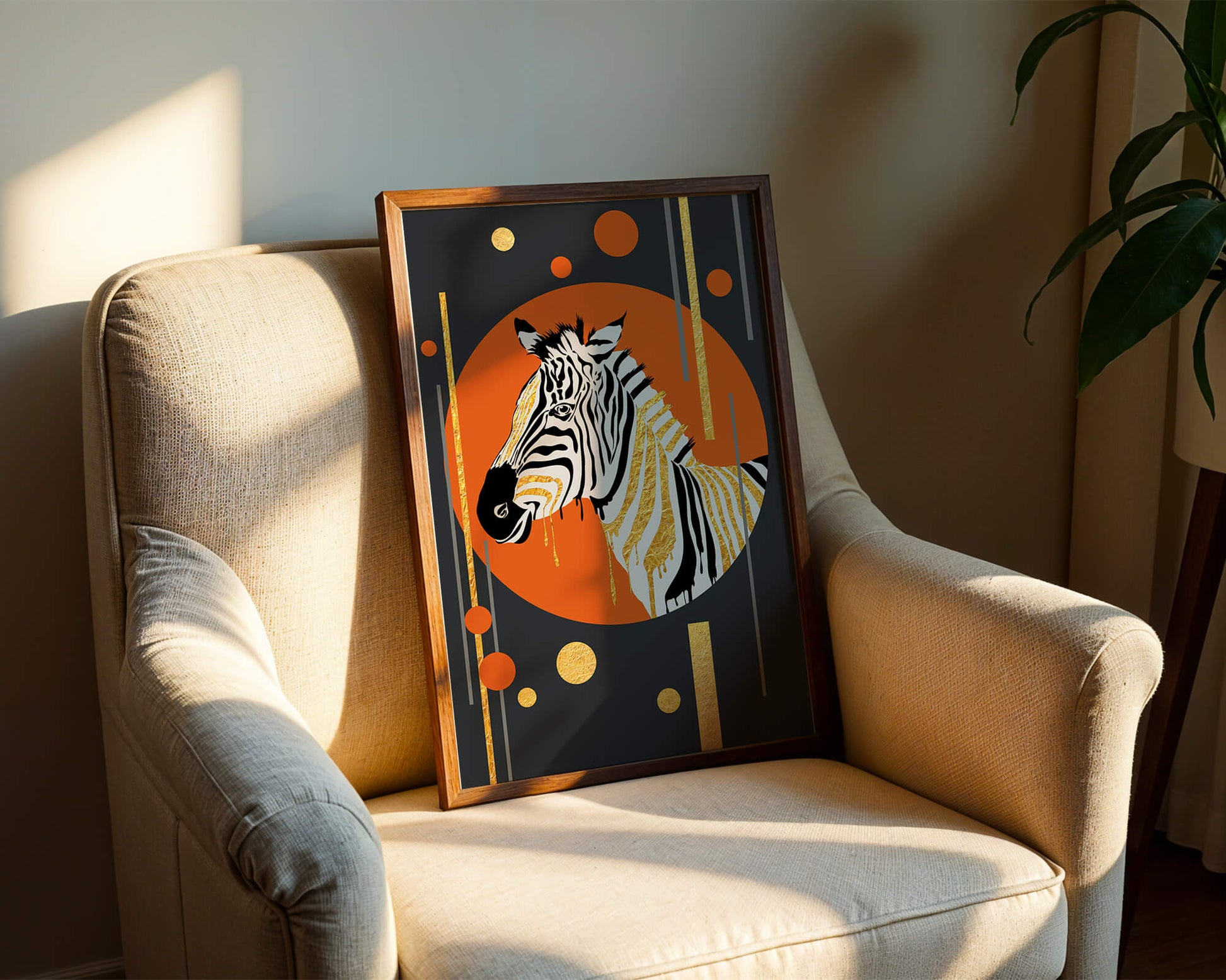 Modern zebra art with golden accents on abstract background