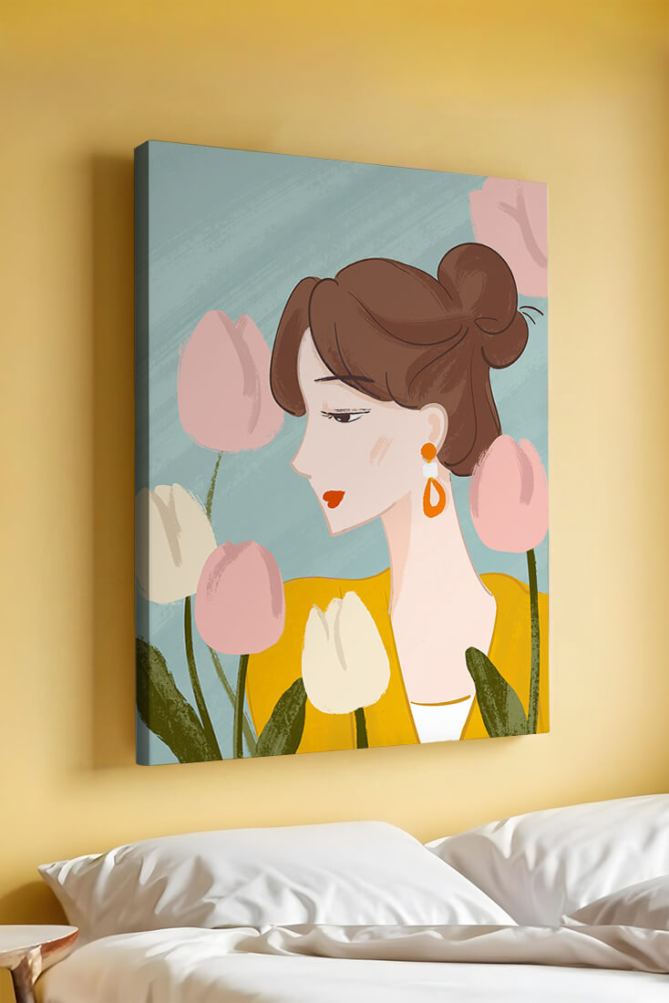 Serene woman surrounded by pastel tulips illustration