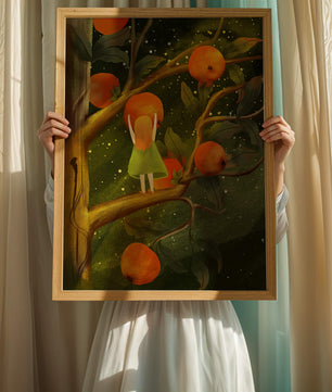 Little Girl Picking Oranges on a Starry Night