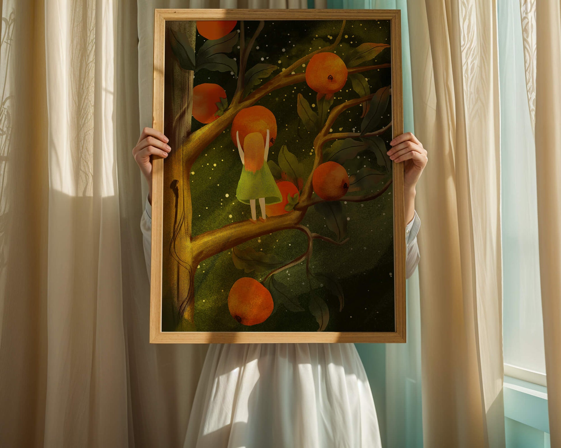 Little Girl Picking Oranges on a Starry Night