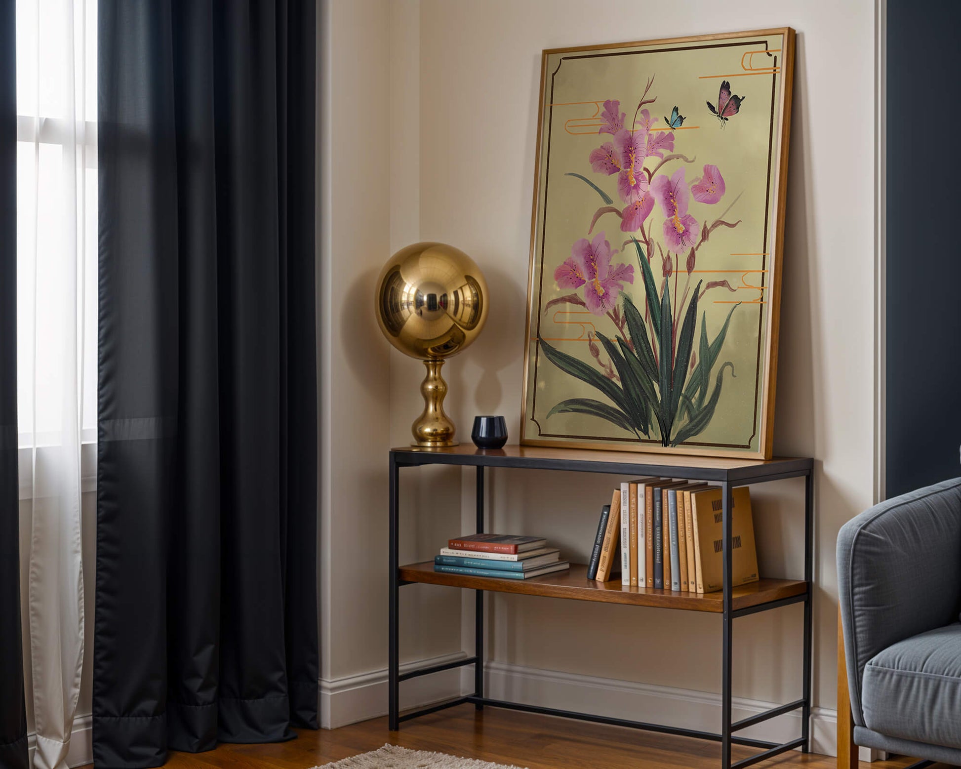 Elegant Floral Composition with Butterflies and Ornamental Background