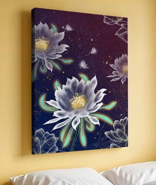 Floral Fantasy with Glowing Elements and Butterflies in Night Sky