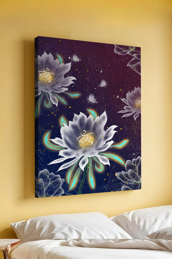 Floral Fantasy with Glowing Elements and Butterflies in Night Sky
