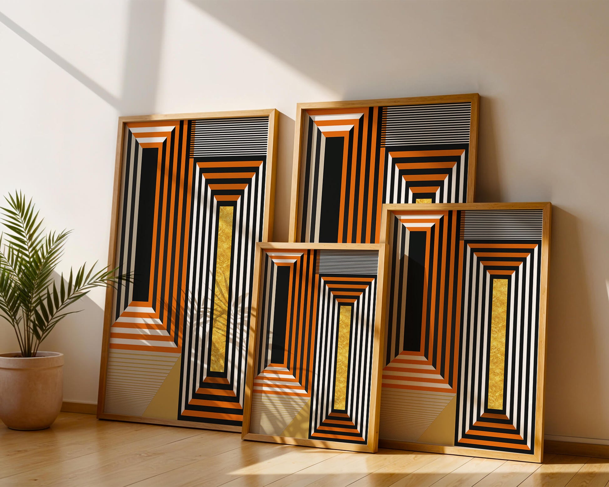 Geometric Abstract Art with Stripes and Gold Element in Orange, Black, and White