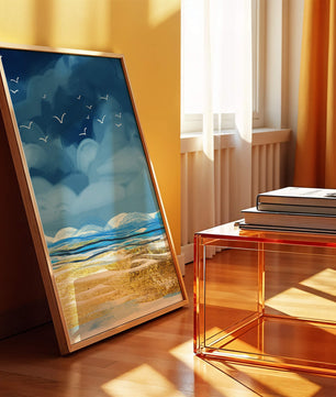 Meereslandschaft mit Vögeln in einer leuchtenden Blau- und Goldpalette