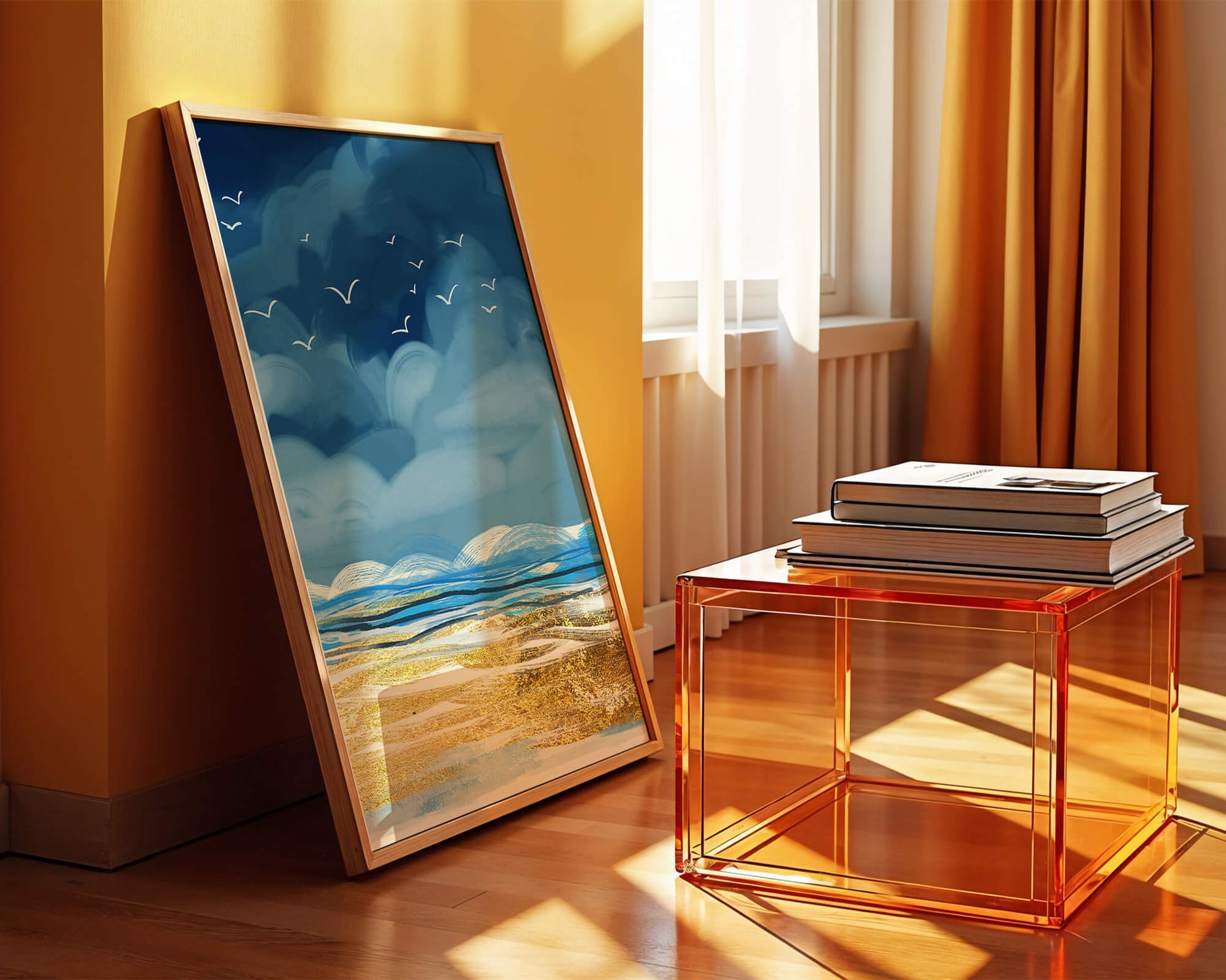 Seascape with Birds in a Vibrant Blue and Gold Palette