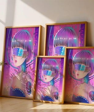 Chica cyberpunk futurista con colores neón y elementos de realidad virtual
