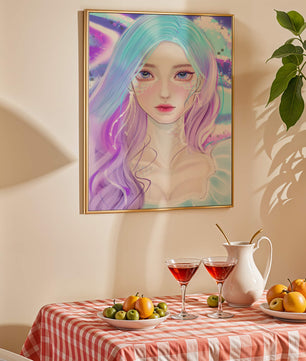 Fantasy portrait of a woman with pastel hair and vibrant features